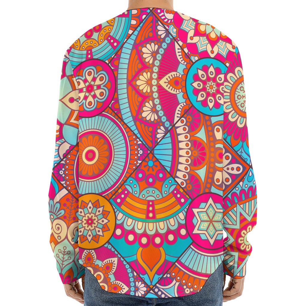 Retro Bohemian Mandala Pattern Print Long Sleeve Baseball Jersey