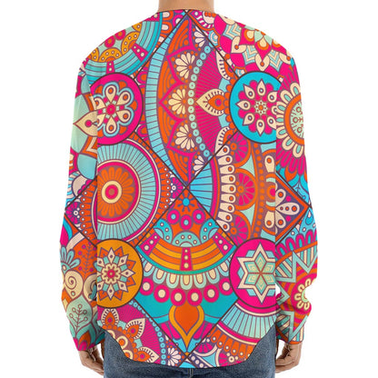 Retro Bohemian Mandala Pattern Print Long Sleeve Baseball Jersey
