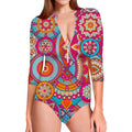 Retro Bohemian Mandala Pattern Print Long Sleeve Swimsuit