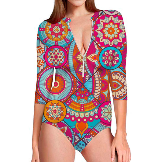 Retro Bohemian Mandala Pattern Print Long Sleeve Swimsuit