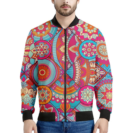 Retro Bohemian Mandala Pattern Print Men's Bomber Jacket