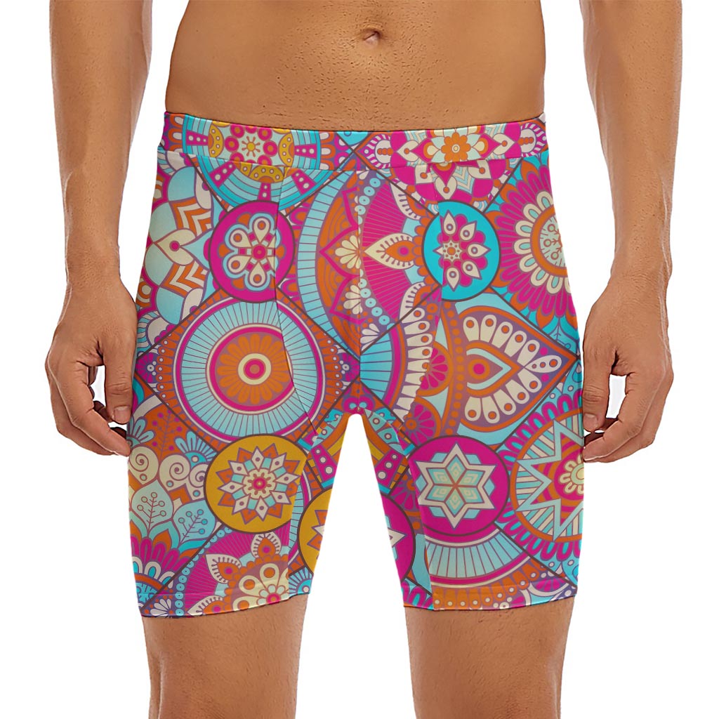 Retro Bohemian Mandala Pattern Print Men's Long Boxer Briefs