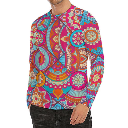 Retro Bohemian Mandala Pattern Print Men's Long Sleeve Rash Guard