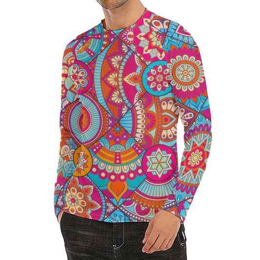 Retro Bohemian Mandala Pattern Print Men's Long Sleeve Rash Guard