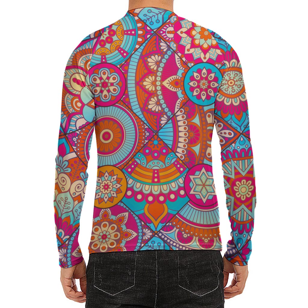 Retro Bohemian Mandala Pattern Print Men's Long Sleeve Rash Guard