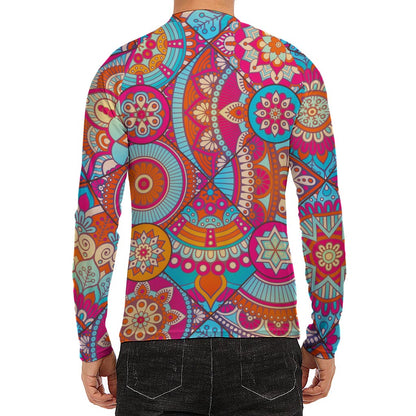 Retro Bohemian Mandala Pattern Print Men's Long Sleeve Rash Guard