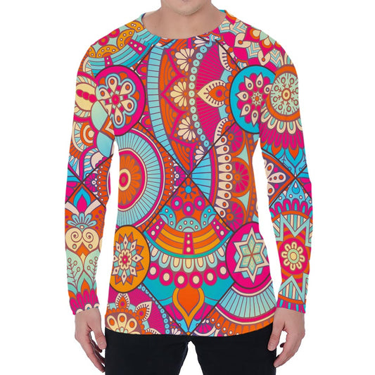 Retro Bohemian Mandala Pattern Print Men's Long Sleeve T-Shirt