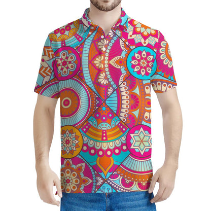 Retro Bohemian Mandala Pattern Print Men's Polo Shirt