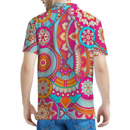 Retro Bohemian Mandala Pattern Print Men's Polo Shirt