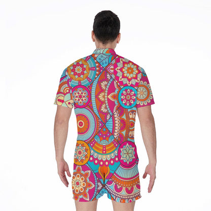 Retro Bohemian Mandala Pattern Print Men's Rompers