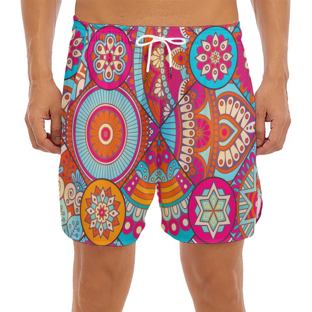 Retro Bohemian Mandala Pattern Print Men's Split Running Shorts