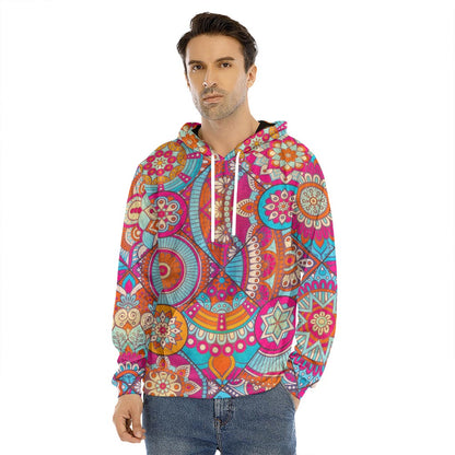 Retro Bohemian Mandala Pattern Print Men's Velvet Pullover Hoodie