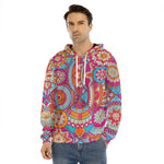 Retro Bohemian Mandala Pattern Print Men's Velvet Pullover Hoodie