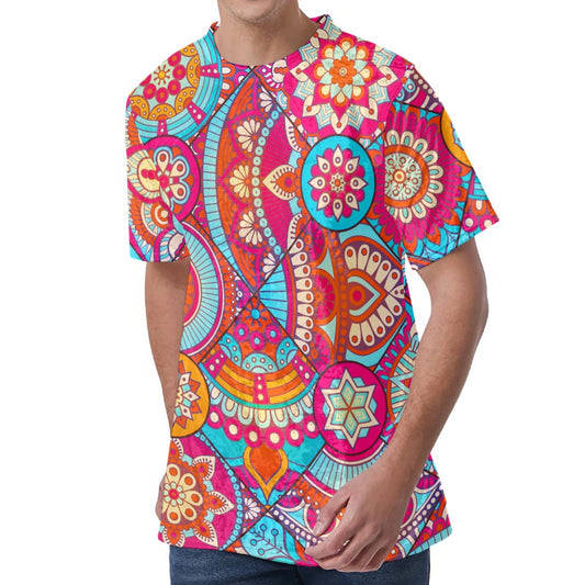 Retro Bohemian Mandala Pattern Print Men's Velvet T-Shirt