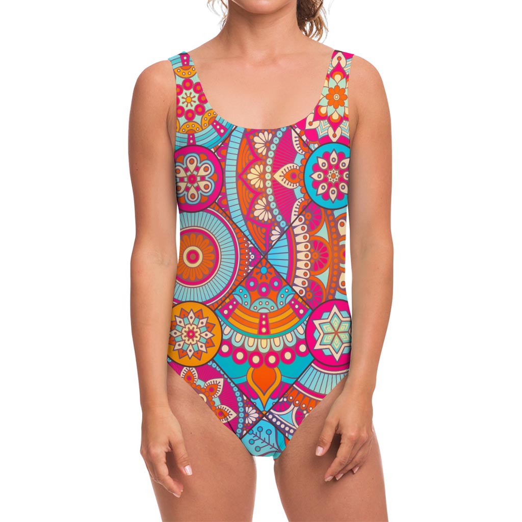Retro Bohemian Mandala Pattern Print One Piece Swimsuit
