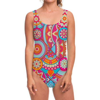 Retro Bohemian Mandala Pattern Print One Piece Swimsuit