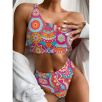 Retro Bohemian Mandala Pattern Print One Shoulder Bikini Top