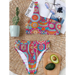 Retro Bohemian Mandala Pattern Print One Shoulder Bikini Top