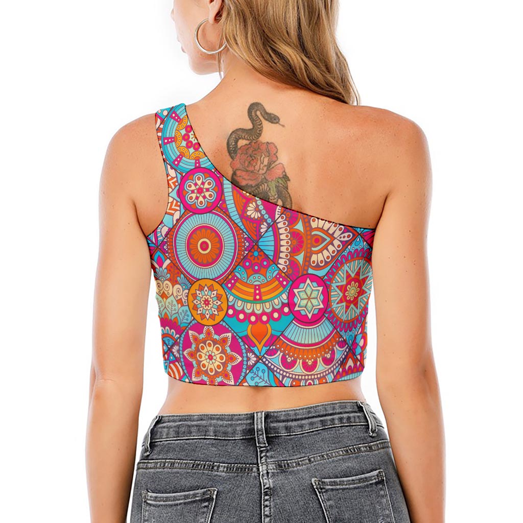 Retro Bohemian Mandala Pattern Print One Shoulder Crop Top