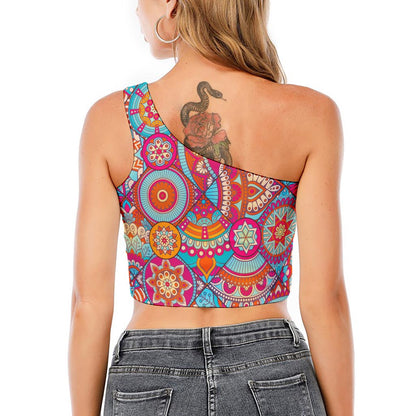 Retro Bohemian Mandala Pattern Print One Shoulder Crop Top