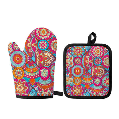 Retro Bohemian Mandala Pattern Print Oven Mitt And Pot Holder Set