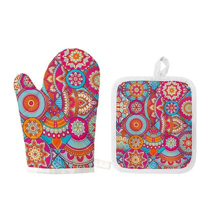 Retro Bohemian Mandala Pattern Print Oven Mitt And Pot Holder Set
