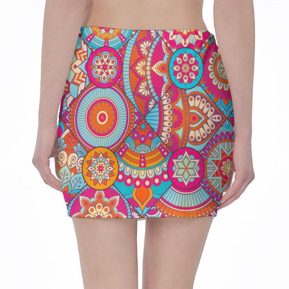 Retro Bohemian Mandala Pattern Print Pencil Mini Skirt