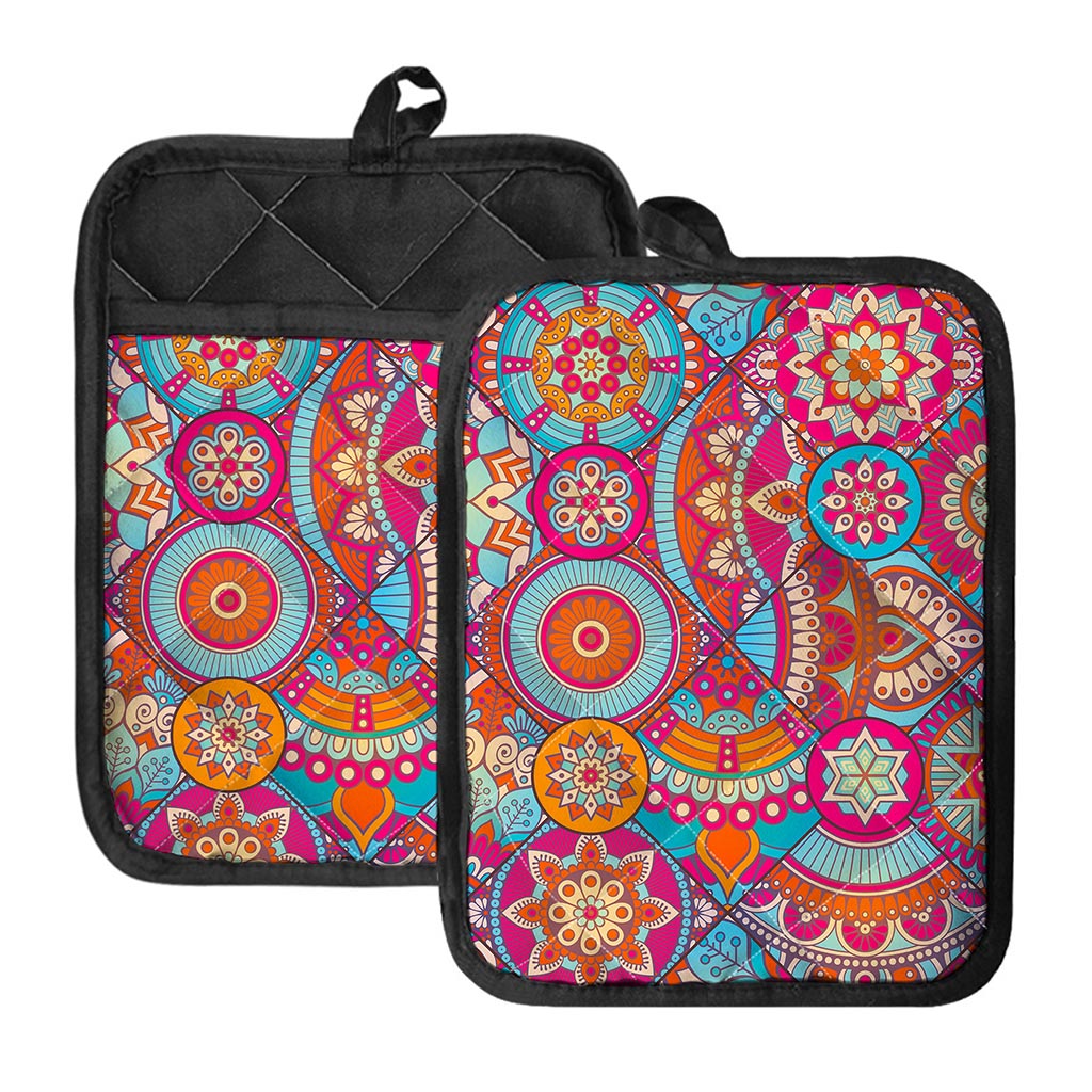 Retro Bohemian Mandala Pattern Print Pot Holders With Pocket