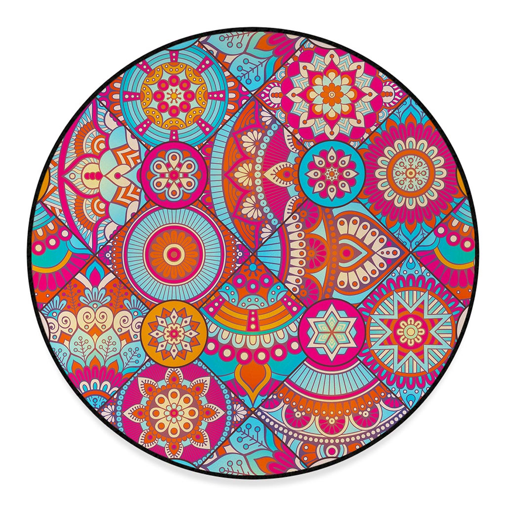 Retro Bohemian Mandala Pattern Print Round Floor Mat