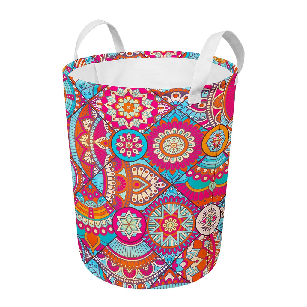 Retro Bohemian Mandala Pattern Print Round Laundry Basket