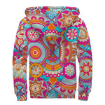 Retro Bohemian Mandala Pattern Print Sherpa Lined Zip Up Hoodie