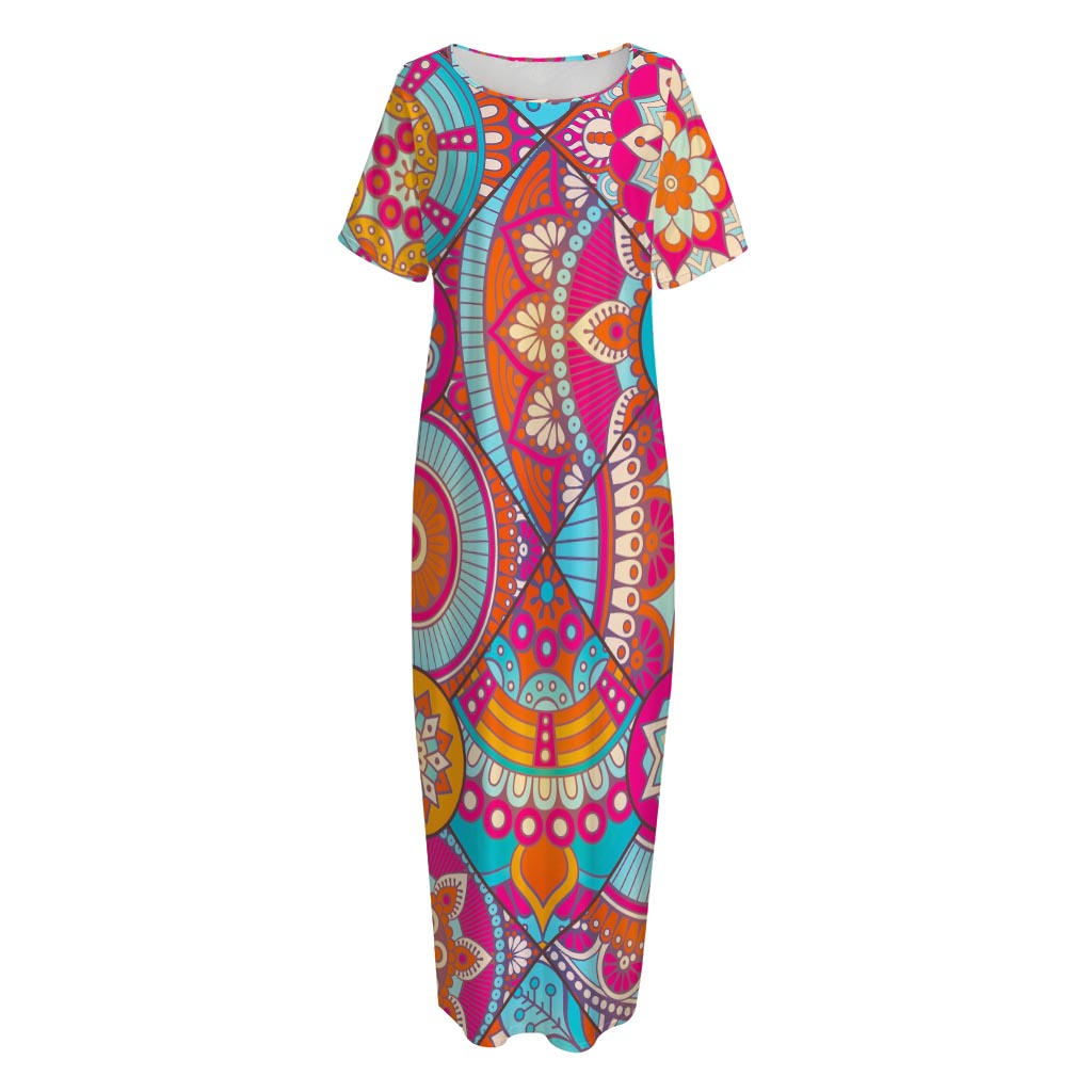 Retro Bohemian Mandala Pattern Print Short Sleeve Long Nightdress