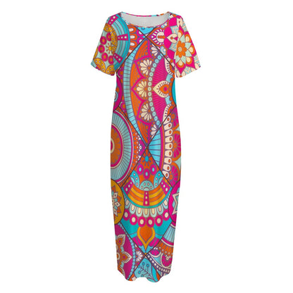 Retro Bohemian Mandala Pattern Print Short Sleeve Long Nightdress