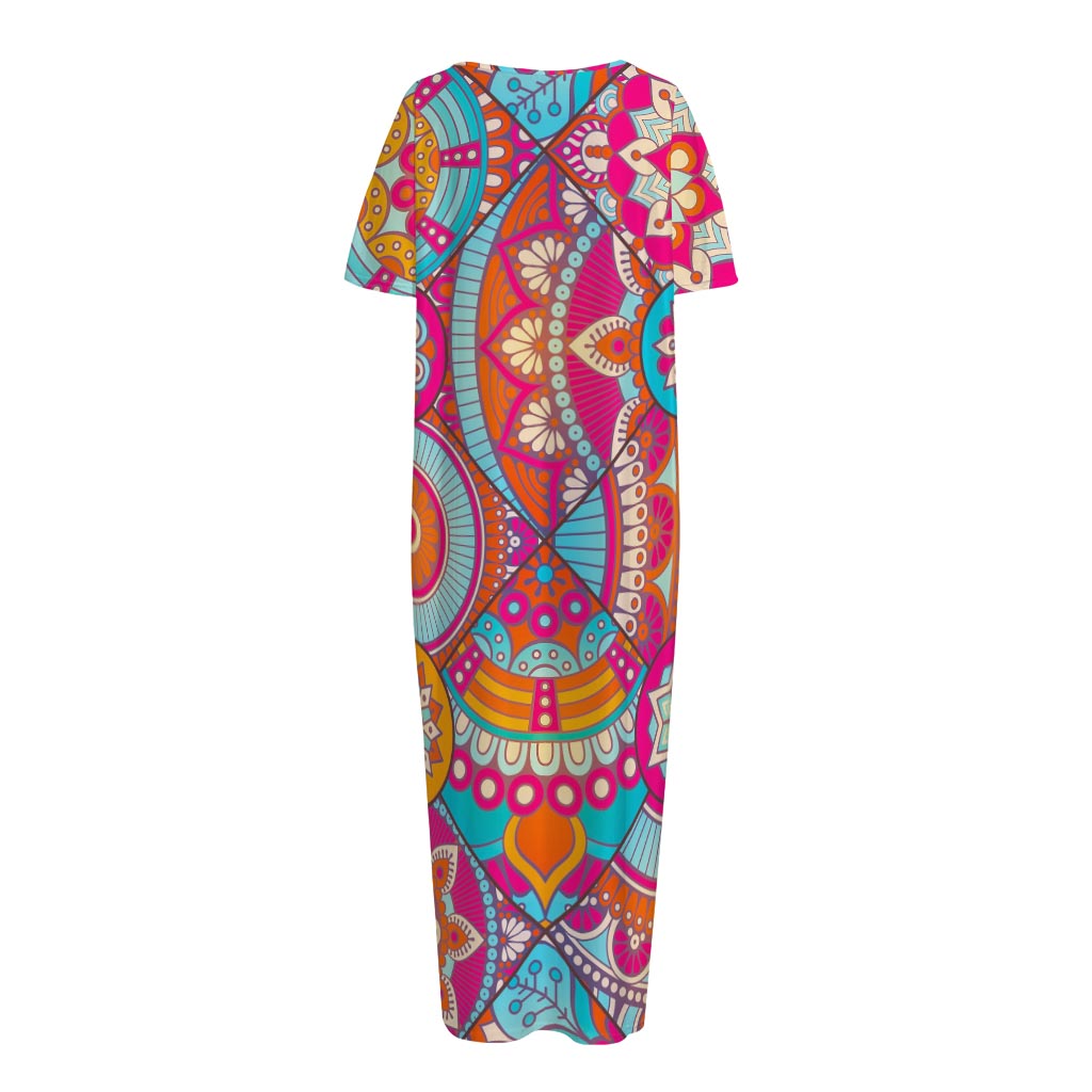 Retro Bohemian Mandala Pattern Print Short Sleeve Long Nightdress