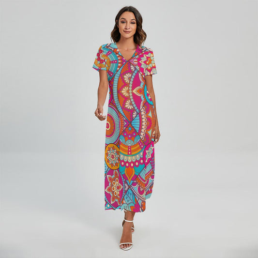 Retro Bohemian Mandala Pattern Print Short Sleeve Maxi Dress