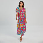 Retro Bohemian Mandala Pattern Print Short Sleeve Maxi Dress
