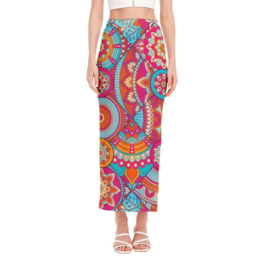 Retro Bohemian Mandala Pattern Print Side Slit Maxi Skirt