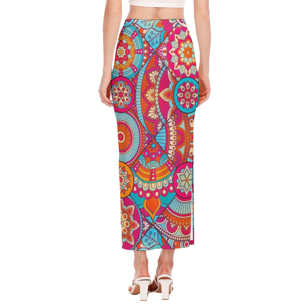 Retro Bohemian Mandala Pattern Print Side Slit Maxi Skirt