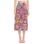 Retro Bohemian Mandala Pattern Print Side Slit Midi Skirt