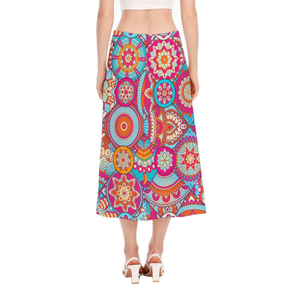 Retro Bohemian Mandala Pattern Print Side Slit Midi Skirt