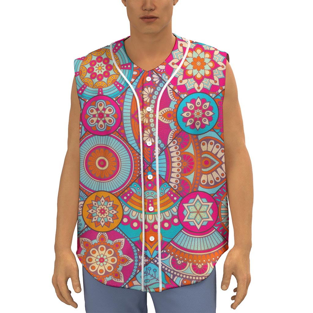Retro Bohemian Mandala Pattern Print Sleeveless Baseball Jersey