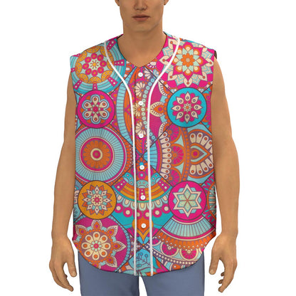 Retro Bohemian Mandala Pattern Print Sleeveless Baseball Jersey