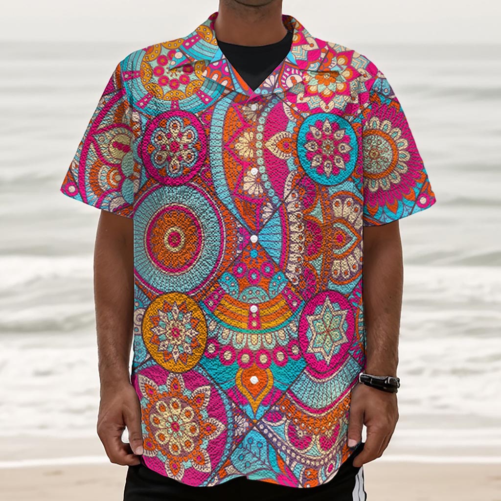 Retro Bohemian Mandala Pattern Print Textured Short Sleeve Shirt