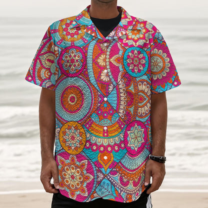 Retro Bohemian Mandala Pattern Print Textured Short Sleeve Shirt