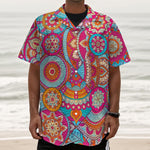 Retro Bohemian Mandala Pattern Print Textured Short Sleeve Shirt