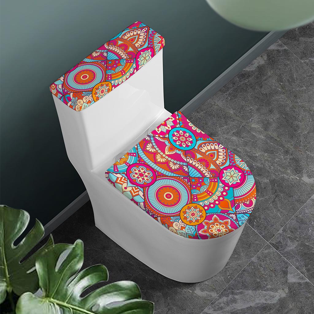 Retro Bohemian Mandala Pattern Print Toilet Lid And Tank Cover Set