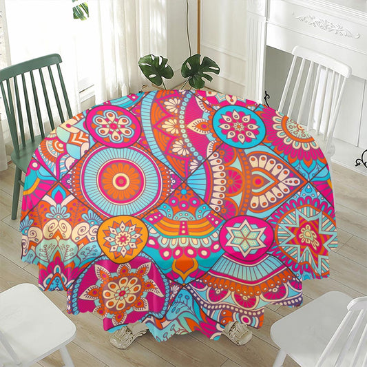 Retro Bohemian Mandala Pattern Print Waterproof Round Tablecloth