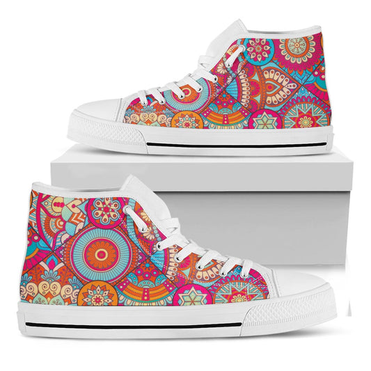 Retro Bohemian Mandala Pattern Print White High Top Sneakers