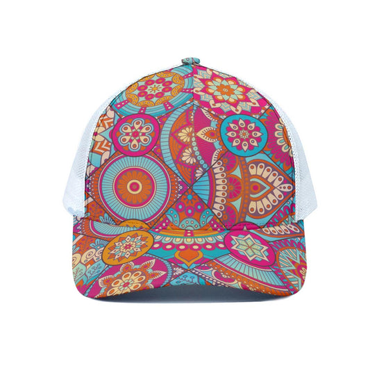 Retro Bohemian Mandala Pattern Print White Mesh Trucker Cap