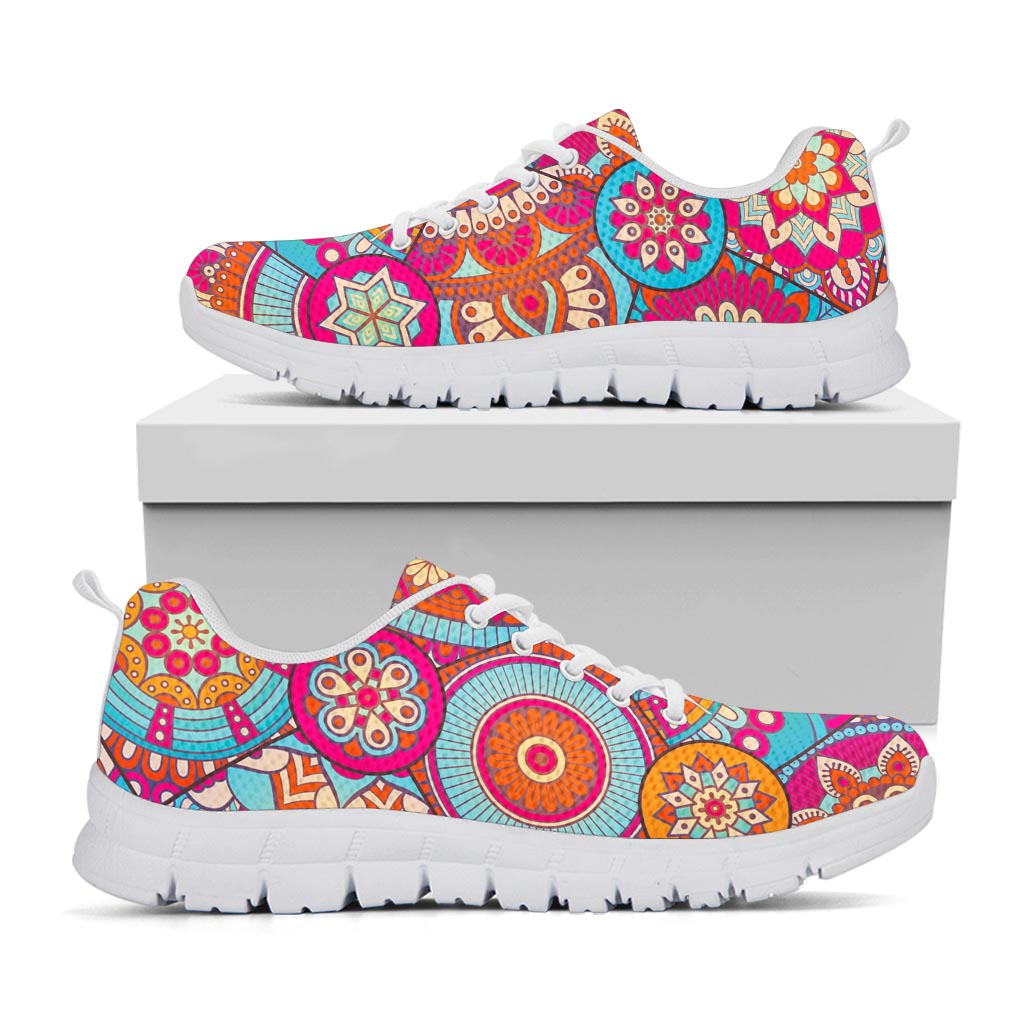 Retro Bohemian Mandala Pattern Print White Running Shoes